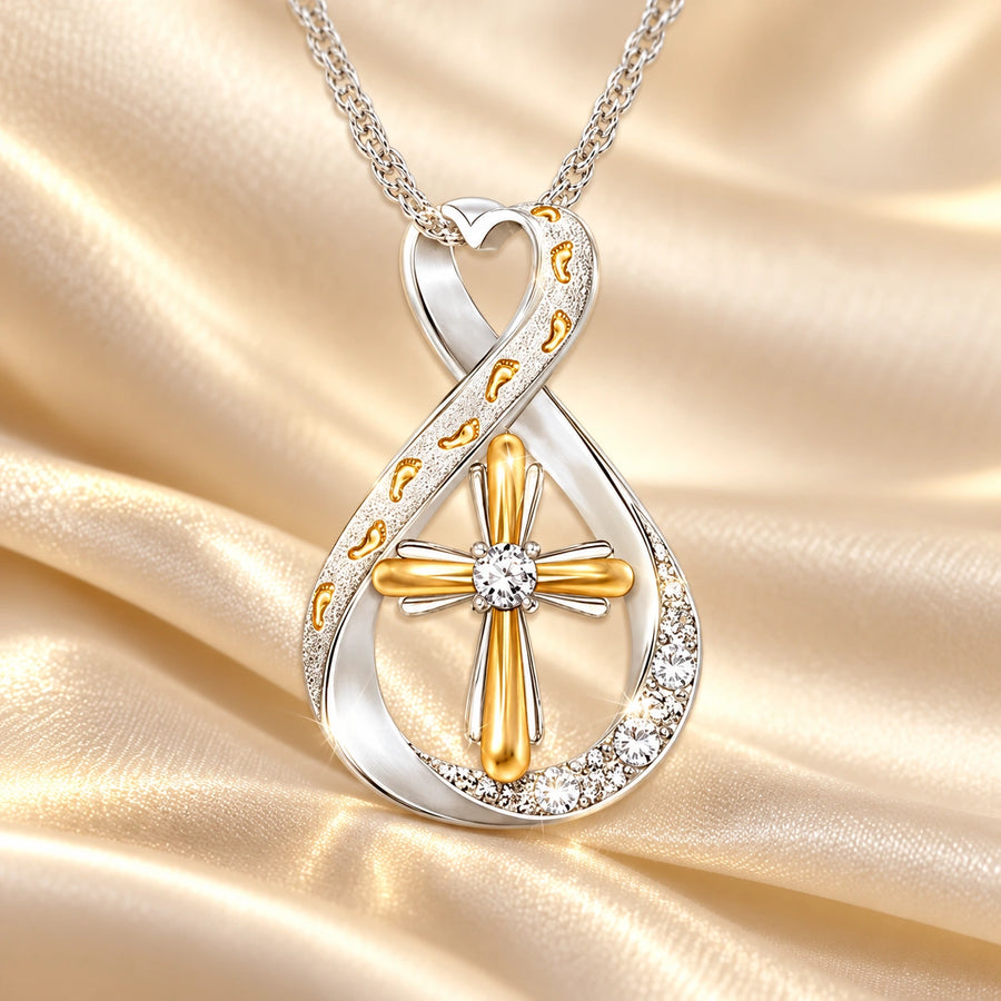 Two-Tone Footprints Cross Necklace: illustrative concept artwork, not a product photograph