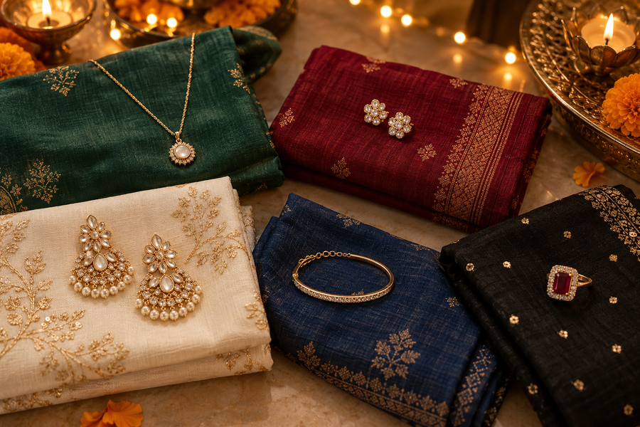 Editorial image illustrating a five-piece jewellery capsule for diwali week