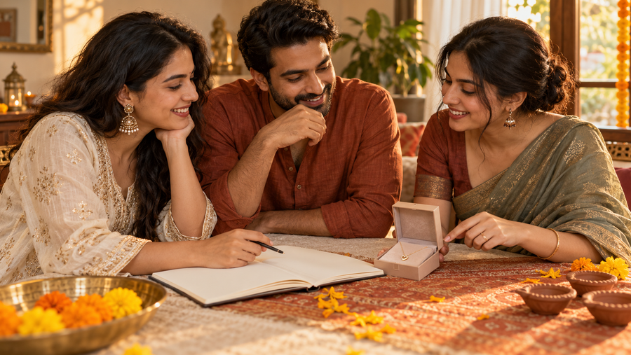 Three friends discussing a jewellery gift beside a notebook and an open box on a festive table.