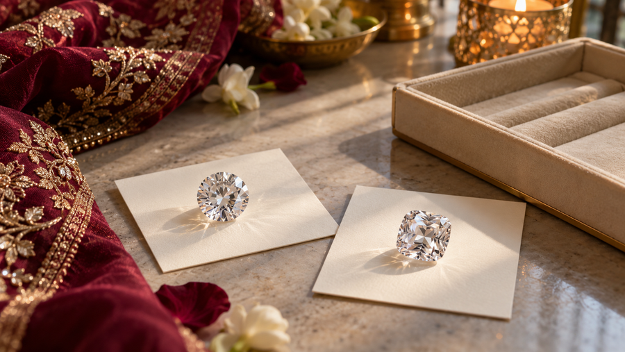Round and cushion-shaped clear stones on ivory cards beside burgundy embroidered fabric, jasmine flowers and a beige jewellery tray.