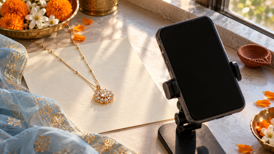 Phone on a stand beside a floral pendant on ivory paper, pale blue festive fabric, marigolds and an unlit clay diya by a window.