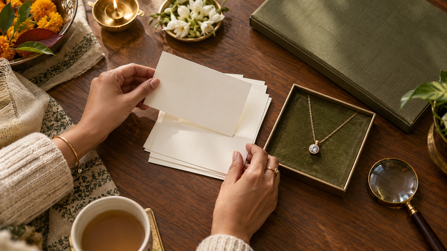 Hands sorting blank cream cards beside a clear-stone pendant, an olive folder, a magnifying glass, marigolds and jasmine on a wooden table.