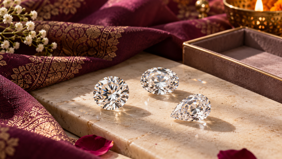 Round, oval and pear-shaped clear stones on a pale slab beside plum brocade, flowers and an empty jewellery tray.
