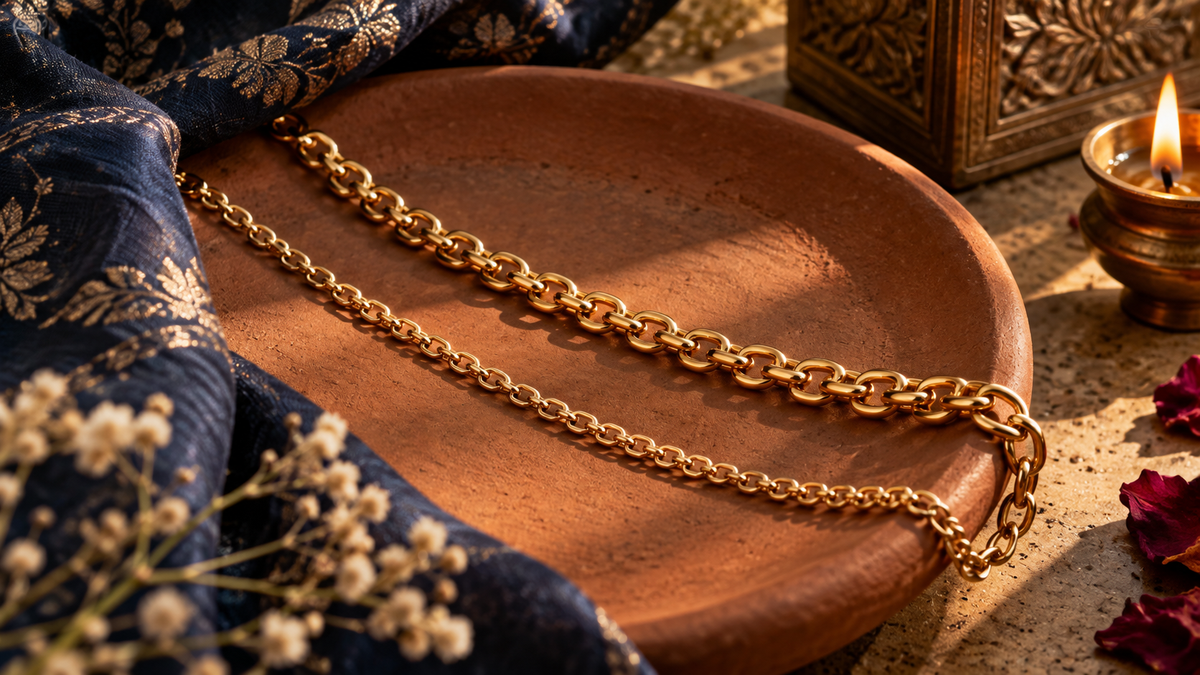 Two gold-coloured chains crossing a terracotta dish beside indigo brocade, flowers and a lit brass lamp.