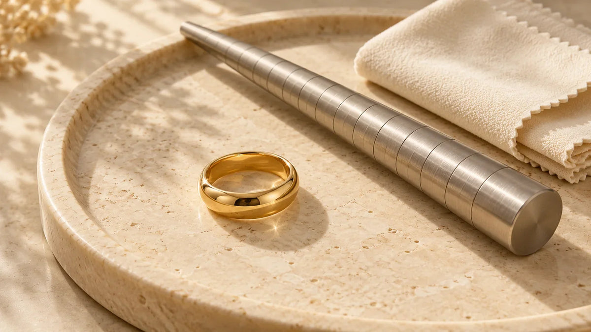 Conceptual editorial still life of a plain fashion ring beside a ring-sizing mandrel and soft cloth; AI-generated, not an ARVENIER product photograph.