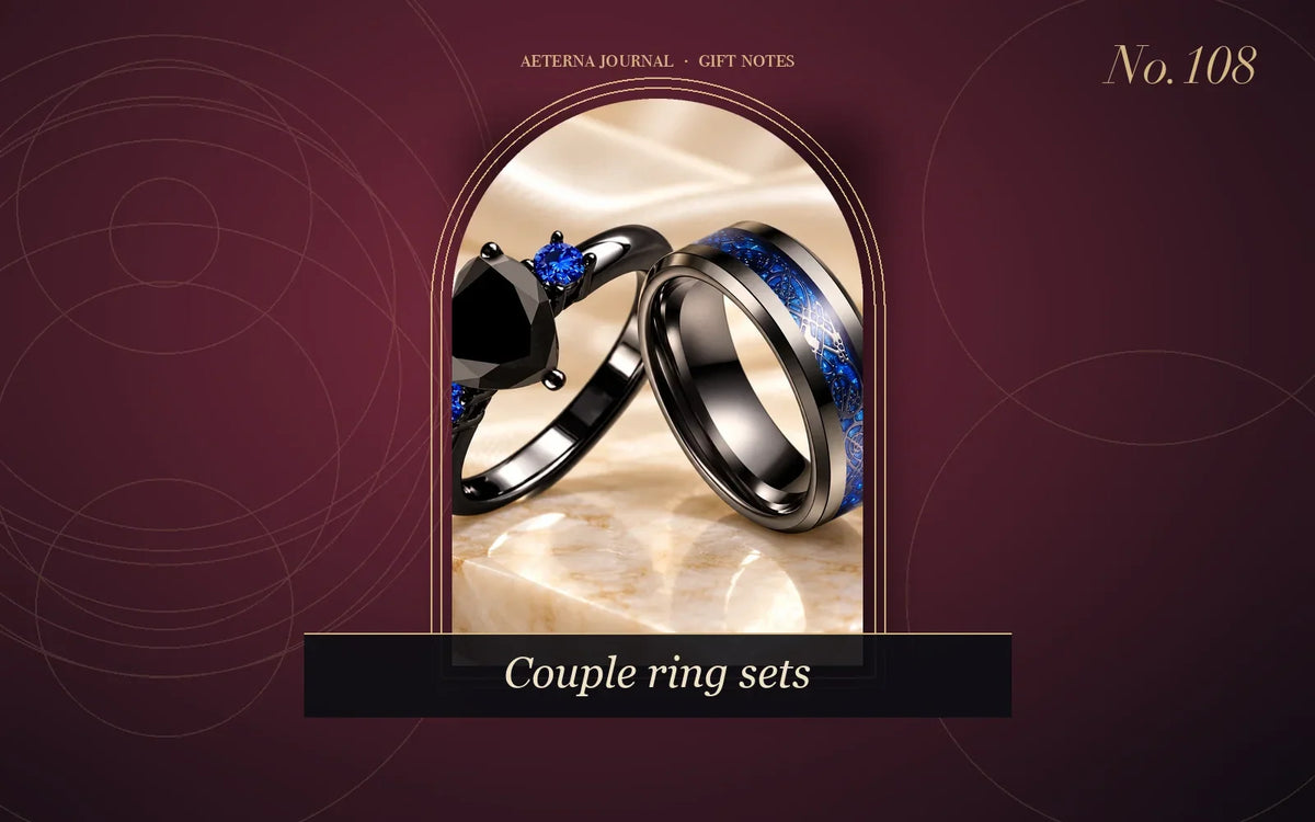 Matching black ring set with blue stones and a blue-inlay band