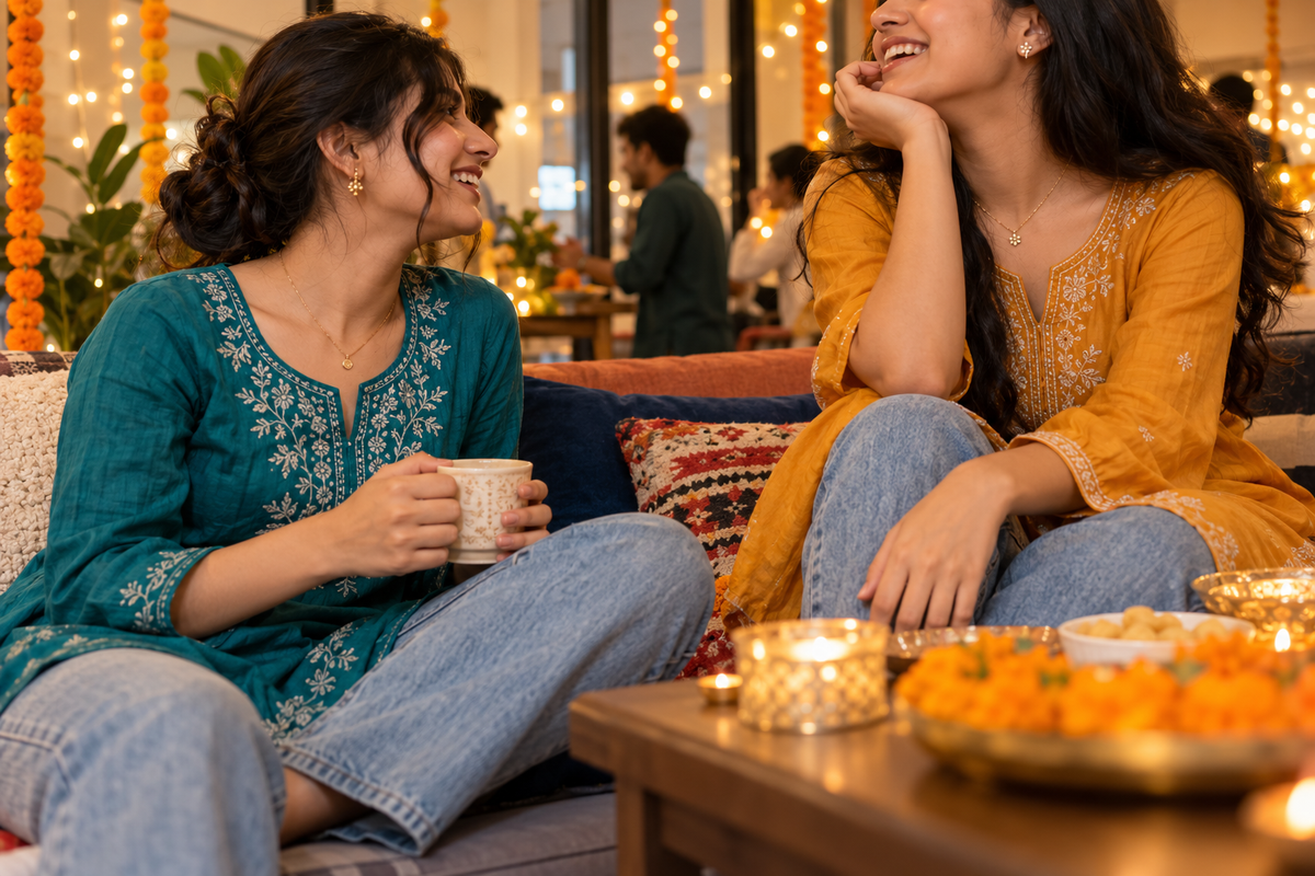 Editorial image illustrating diwali jewellery for a college celebration: lightweight pieces for a full day