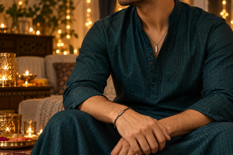Editorial image illustrating diwali jewellery for men: pairing a kurta with a pendant or bracelet