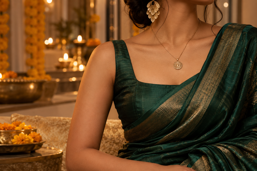 Editorial Diwali look with emerald silk and muted gold-tone jewellery