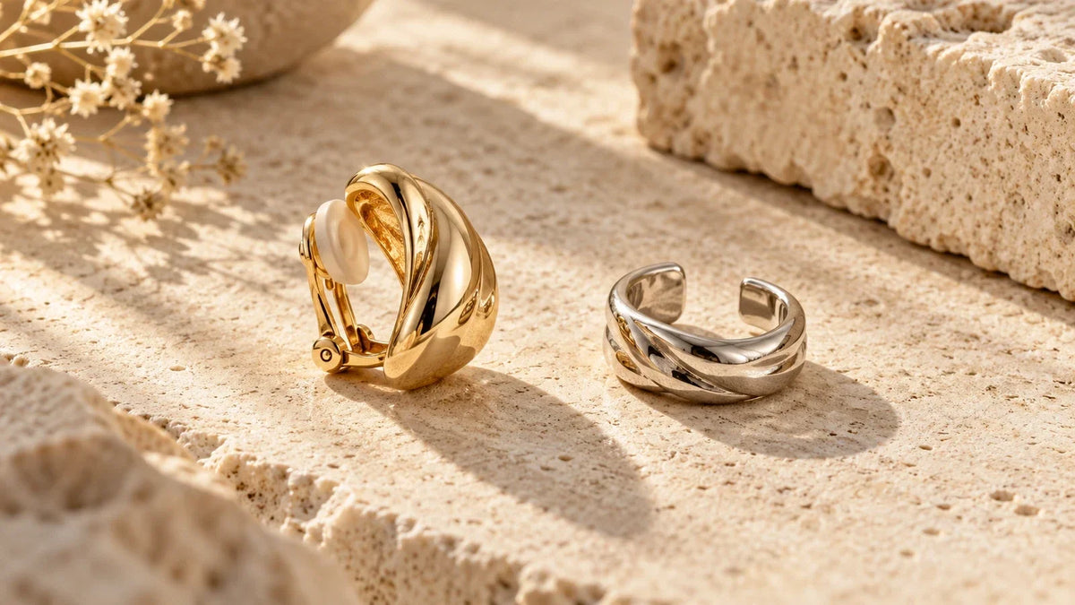 Conceptual side-by-side view of an open ear cuff and a hinged clip-on earring; editorial illustration, not ARVENIER products.
