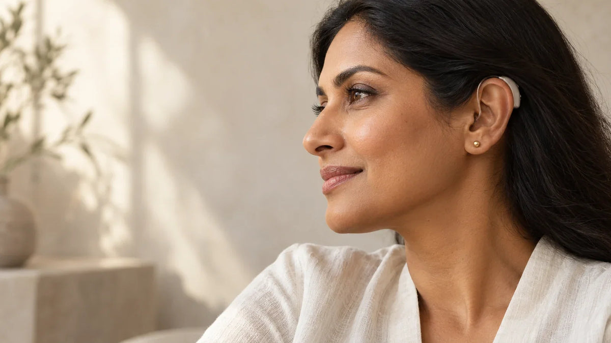Conceptual AI-generated editorial portrait of a woman wearing a small gold-tone stud separately from a discreet behind-the-ear hearing aid; no ARVENIER product is shown.