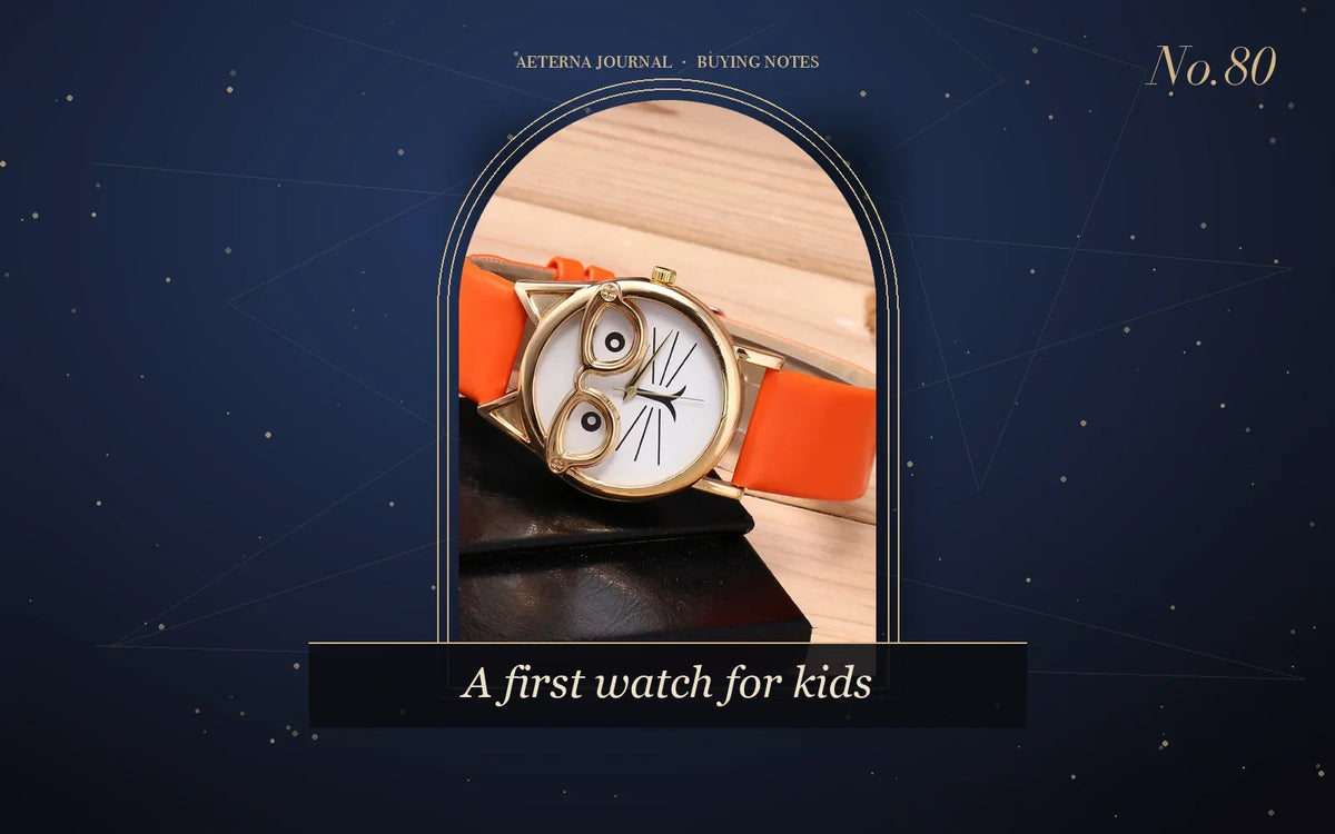 Children's watch with a playful owl face and orange leather strap