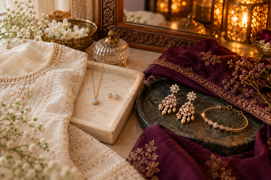 Editorial image illustrating from puja to dinner: a two-look diwali jewellery plan