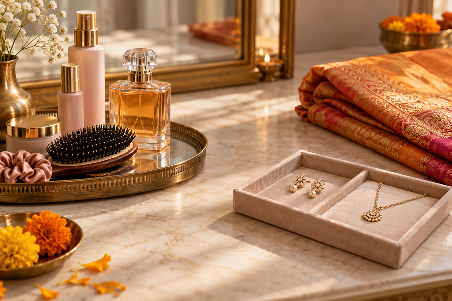 Editorial image illustrating getting ready for diwali: when to apply perfume, hair products and jewellery