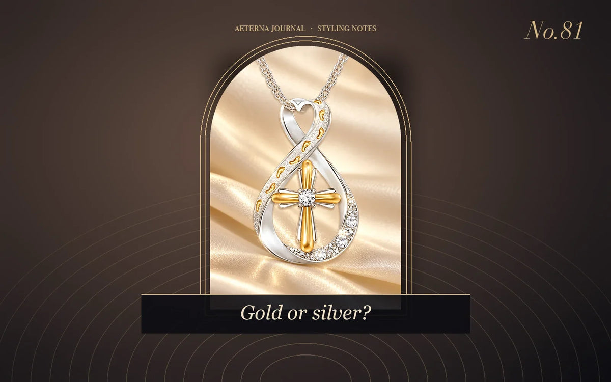 Two-tone gold and silver pendant with a cross inside an infinity loop
