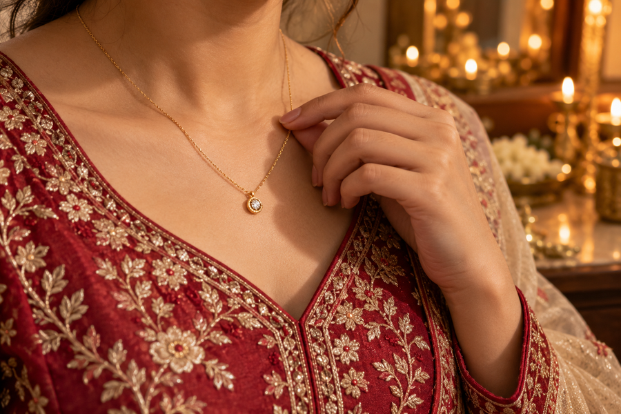 Editorial image illustrating how to prevent a necklace from catching on festive embroidery