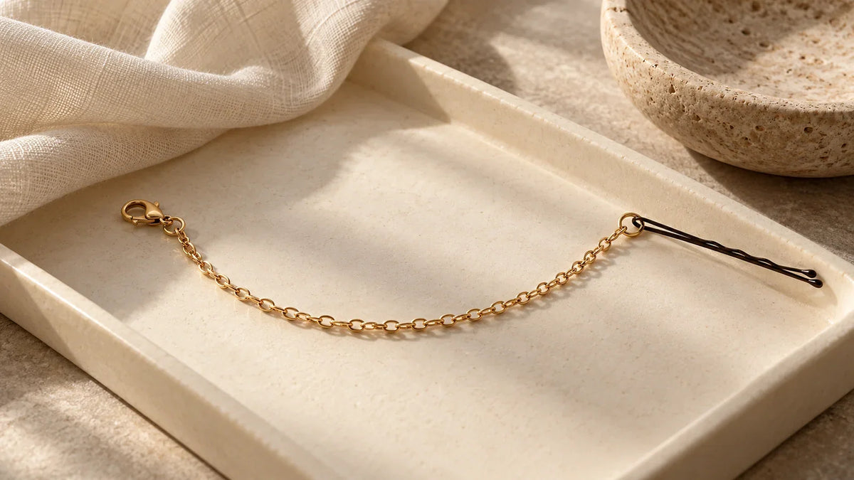 Conceptual editorial still life of a delicate bracelet and a smooth hairpin on a cream jewellery tray; AI-generated, not a product photograph.