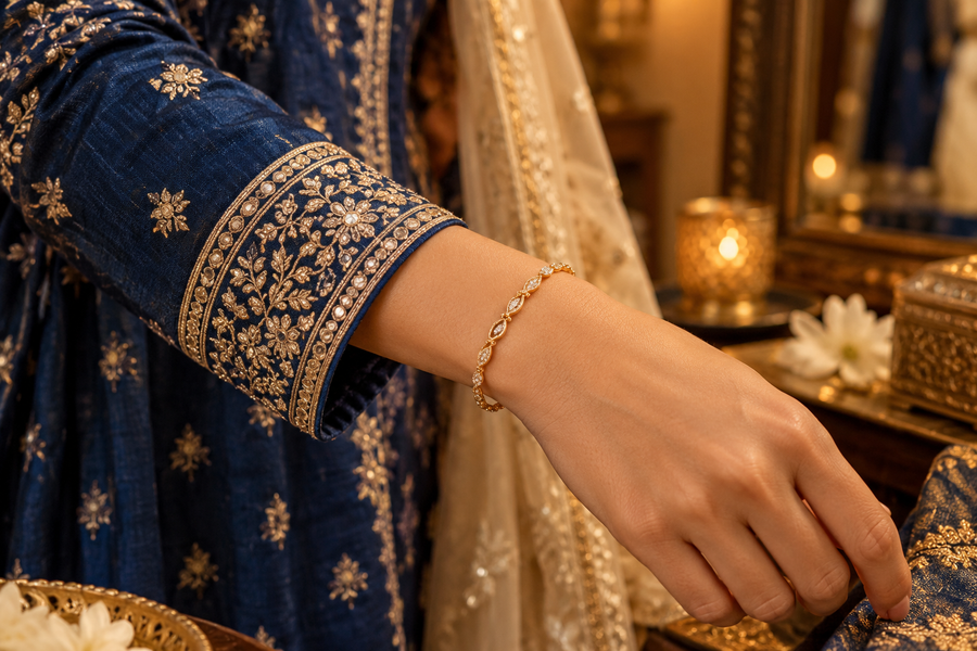 Editorial image illustrating how to wear a bracelet with long sleeves: cuffs, fit and movement