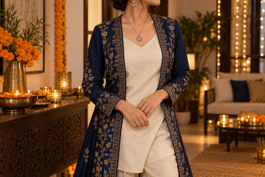 Editorial image illustrating how to wear jewellery with an indo-western diwali outfit