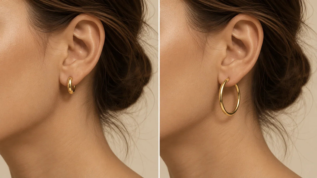 Conceptual editorial comparison of a small close-fitting generic huggie hoop and a larger generic hoop earring on a warm neutral backdrop; not an ARVENIER product photo.