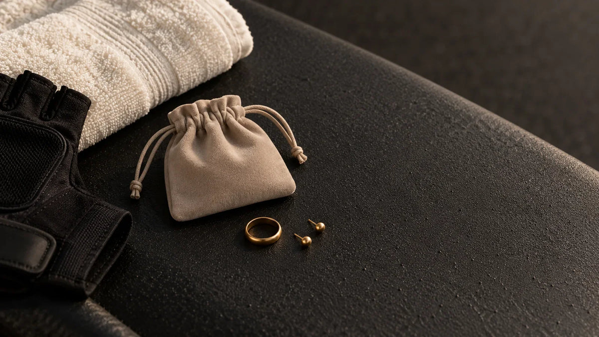 Conceptual editorial still life of jewellery stored beside a gym towel and training gloves; AI-generated, not an ARVENIER product photo.