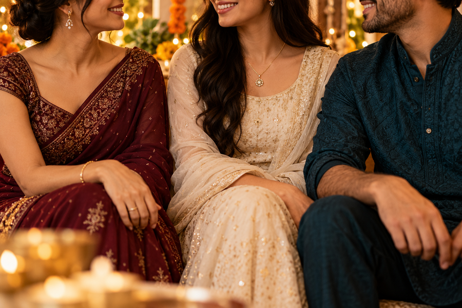 Editorial image illustrating jewellery for diwali family photos: balance shine and scale