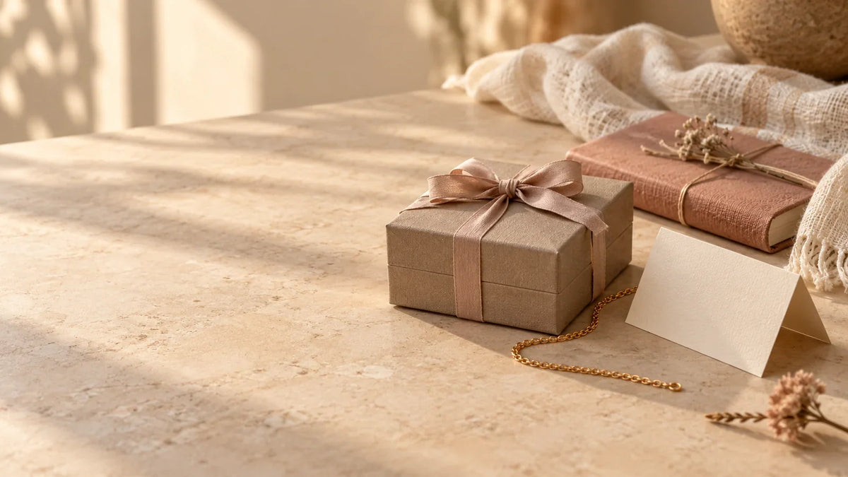 A small unbranded jewellery box, blank card and delicate chain arranged beside a wrapped book on a warm neutral surface.