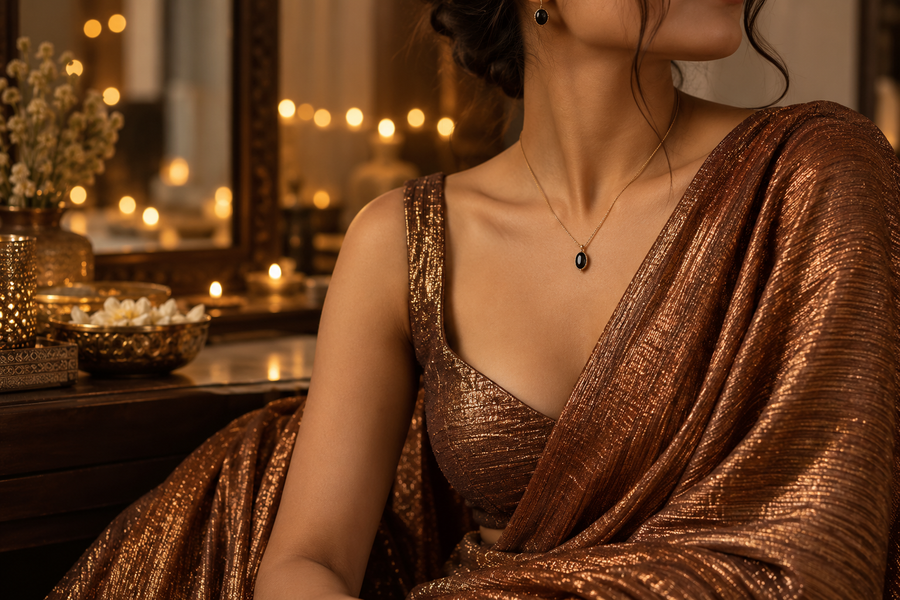 Editorial image illustrating jewellery with metallic festive fabrics: keep shine in balance
