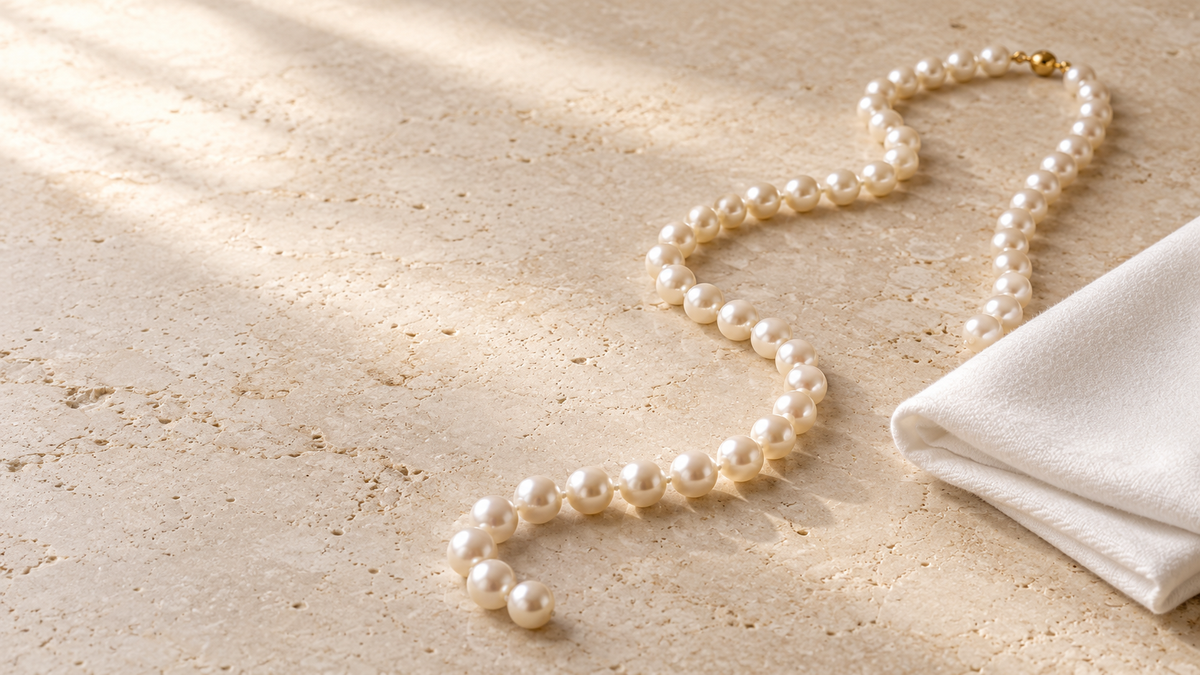 Simulated pearl necklace beside a soft lint-free cloth on a pale stone surface, illustrating gentle dry care; not an ARVENIER product.