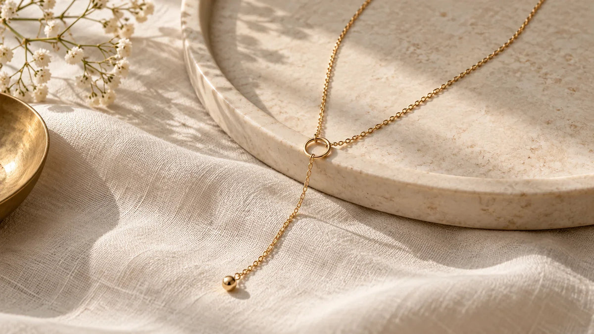 Conceptual editorial still life of a long gold-tone lariat-style necklace arranged in a front drop on warm ivory linen; AI-generated, not an ARVENIER product photograph.