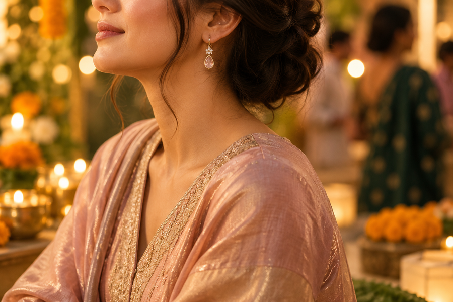 Editorial image illustrating lightweight jewellery for a long diwali evening
