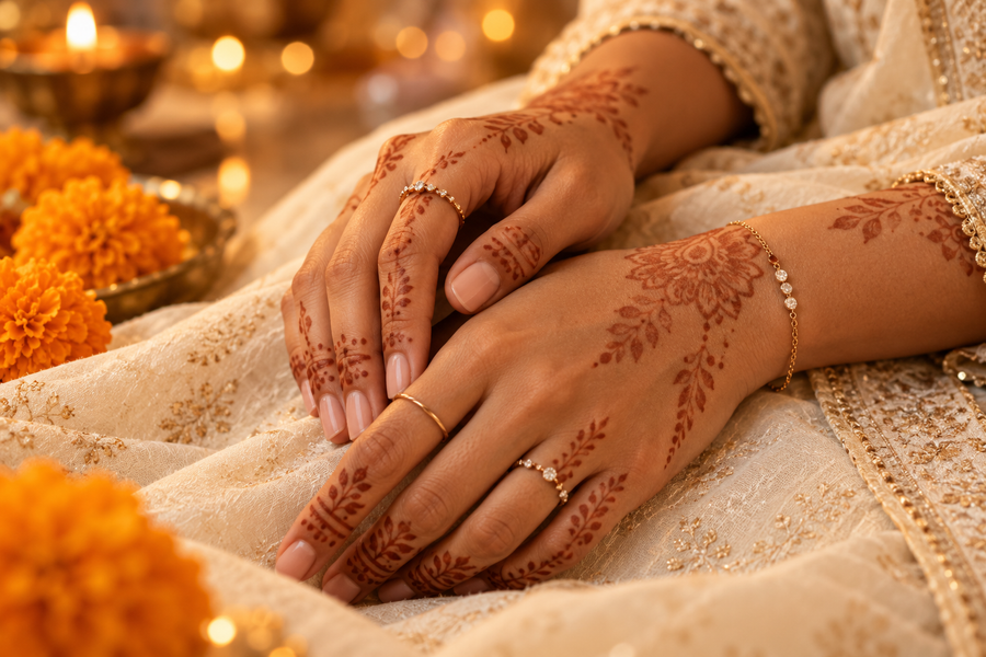 Editorial image illustrating mehndi and rings: how to style your hands for diwali
