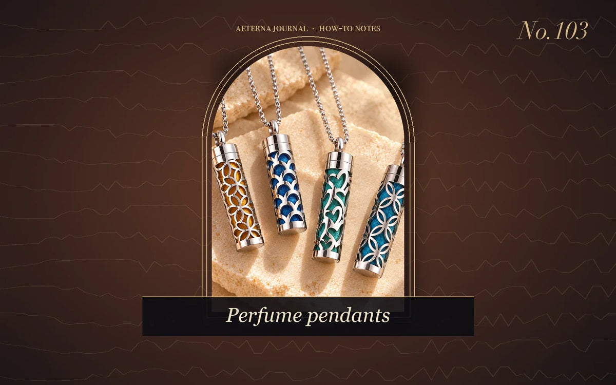 Row of cylindrical perfume vial pendants with patterned cut-outs