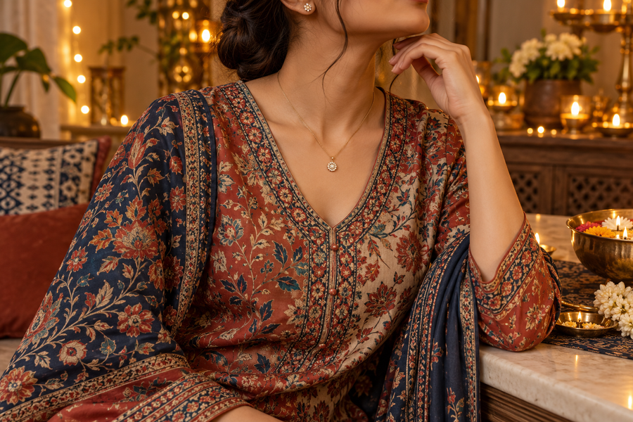Editorial image illustrating printed festive outfits and jewellery: choose one focal point