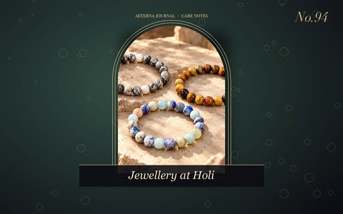 Three natural stone bead bracelets in grey, brown and blue tones