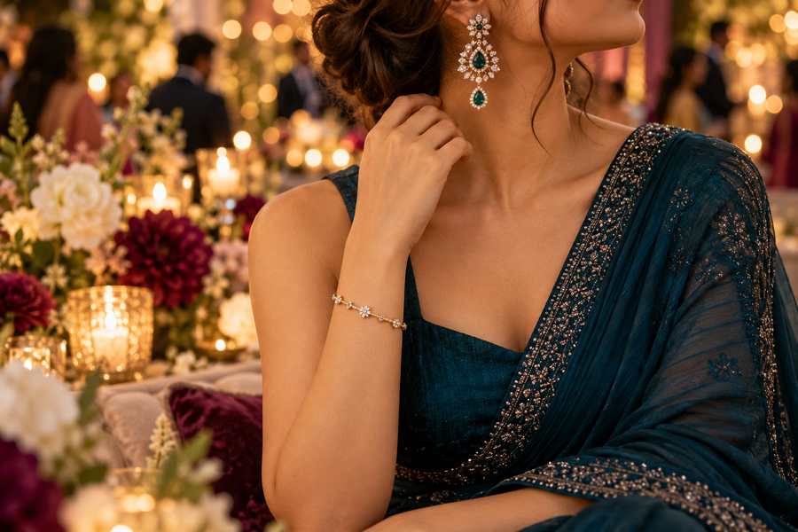 Editorial image illustrating wedding guest jewellery for the festive season: one statement, one supporting detail