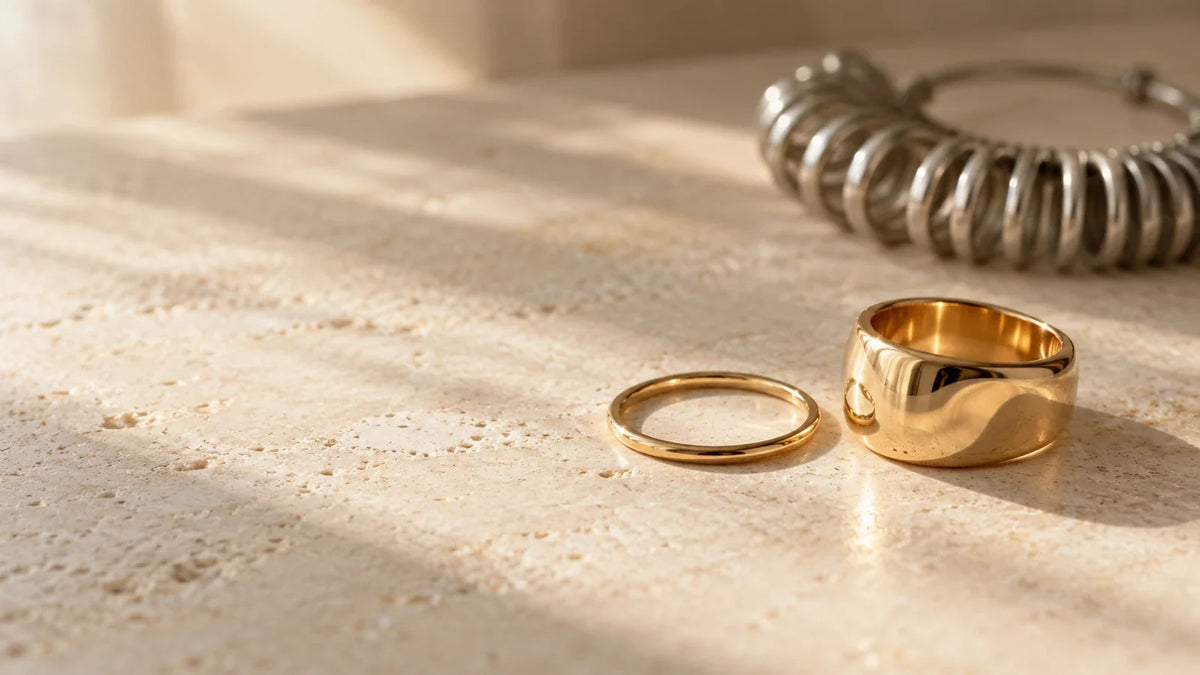 Slim and wide gold-tone rings beside a ring-sizer set on warm ivory stone.