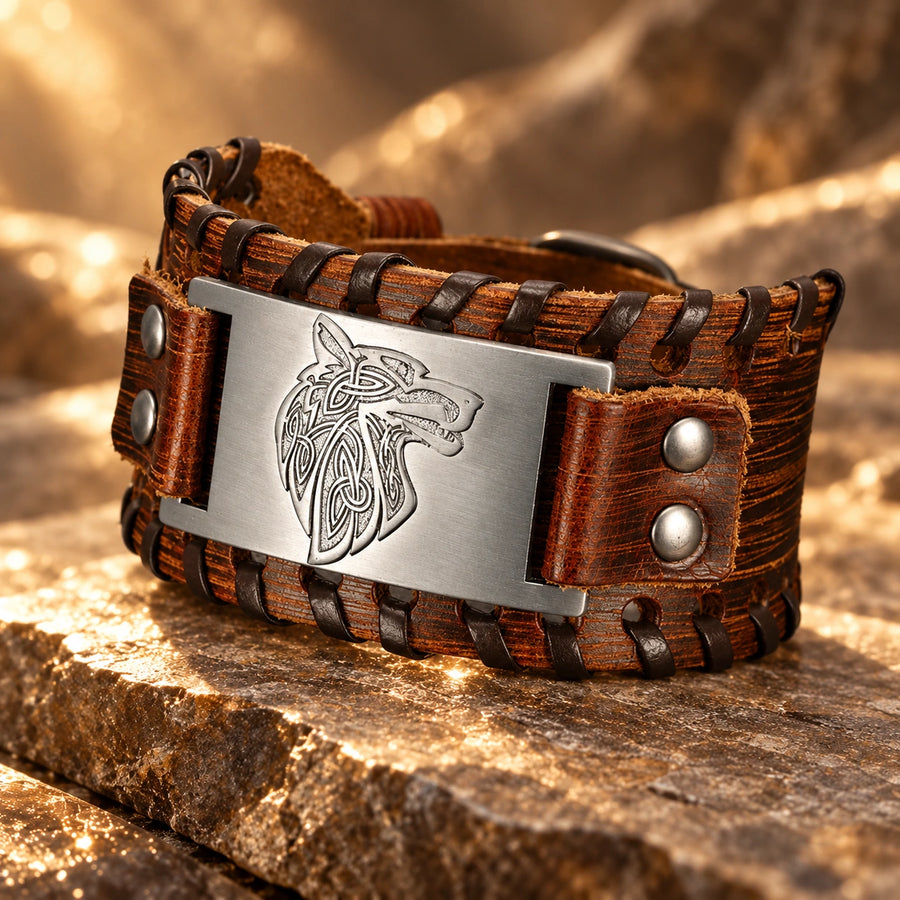Generated concept artwork for Asgard Crafted Leather Buckle Arm Bracelet; illustrative only, not an exact product photograph