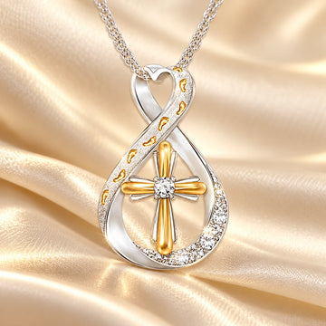 Two-Tone Footprints Cross Necklace: illustrative concept artwork, not a product photograph