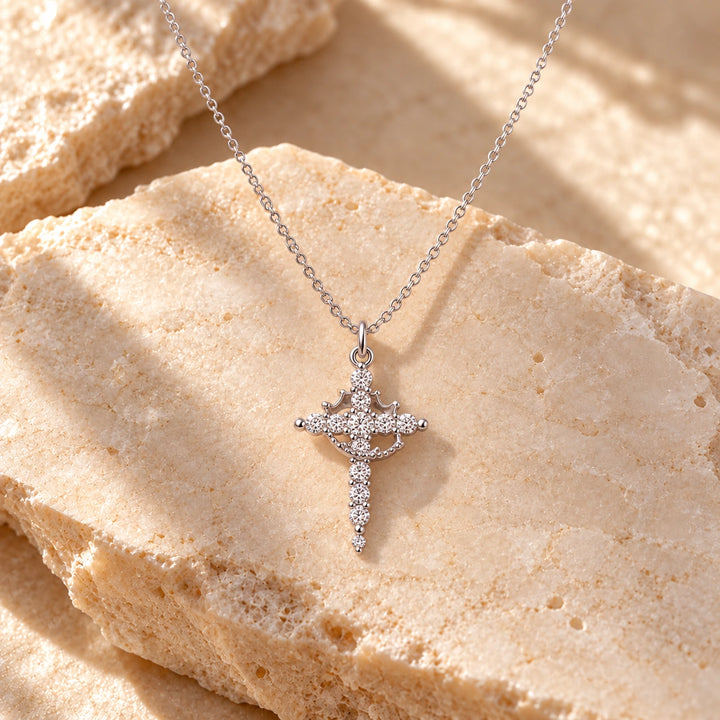 Rotating Crown Cross Pendant Necklace: illustrative concept artwork, not a product photograph