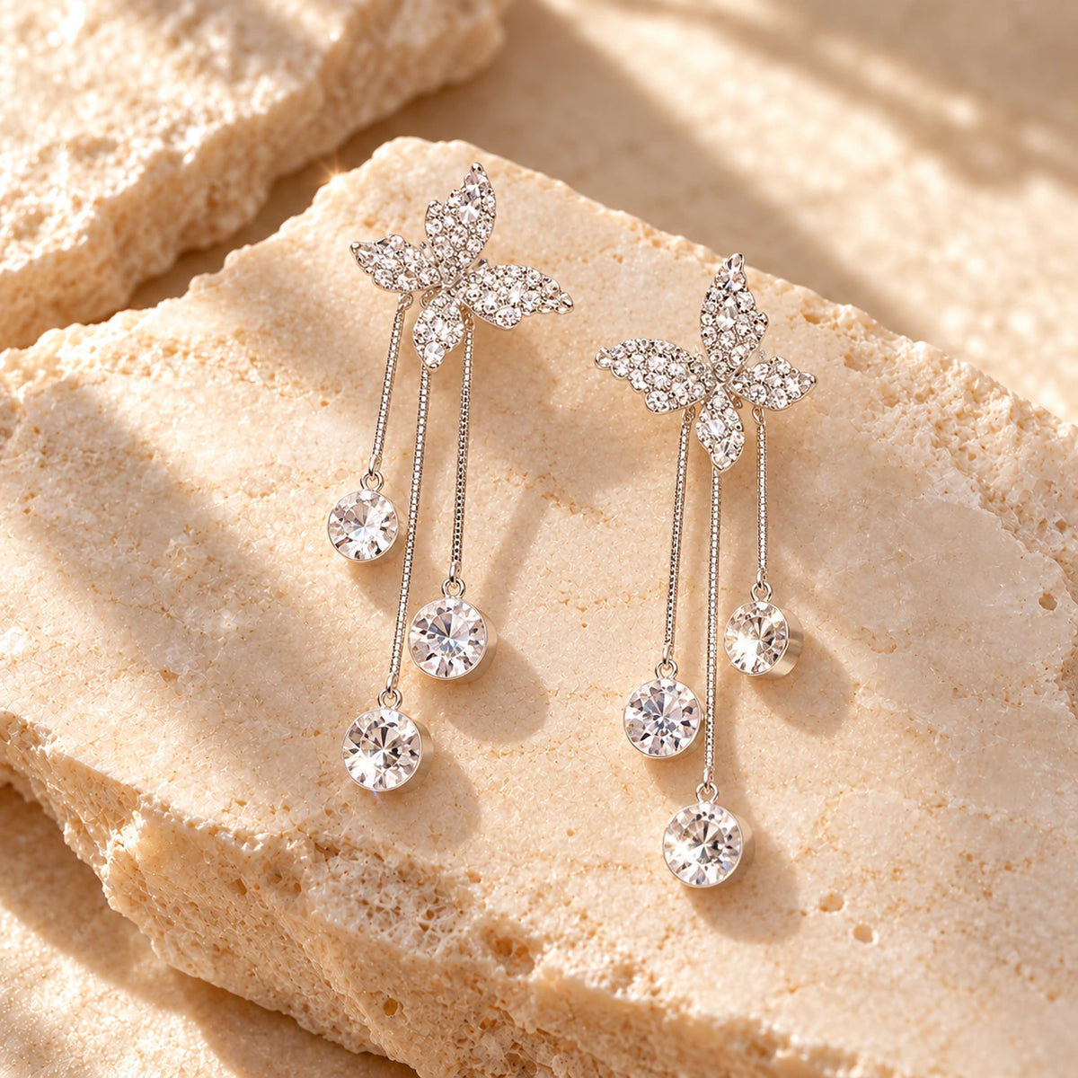 Generated concept artwork for Shiny Butterfly Drop Dangle Elegant Earrings; illustrative only, not an exact product photograph
