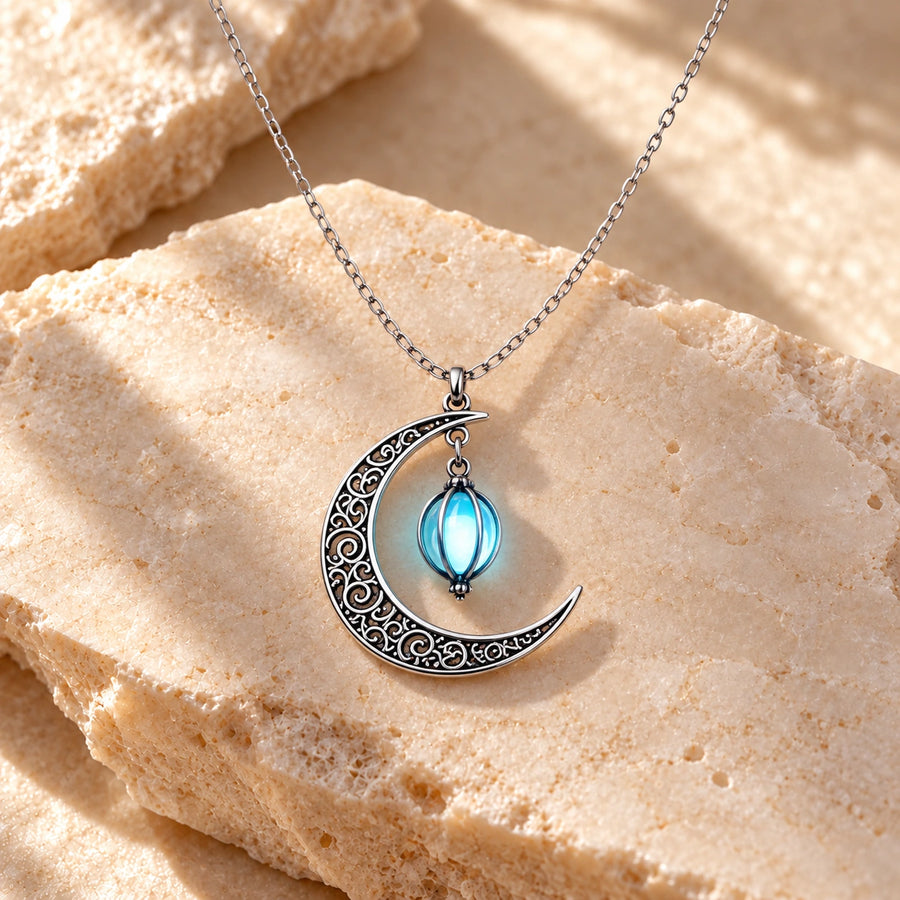 Glow-in-the-Dark Moon Pendant Necklace: illustrative concept artwork, not a product photograph