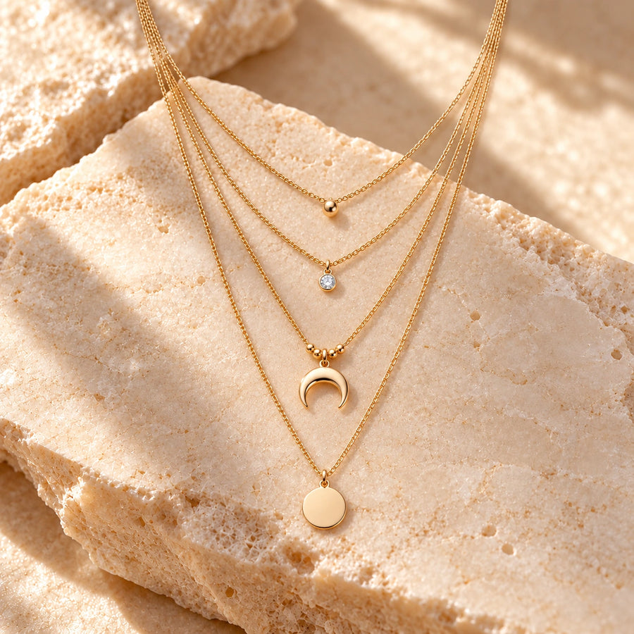 Generated concept artwork for Fashionable Personality Multi Layer Moon Necklace; illustrative only, not an exact product photograph
