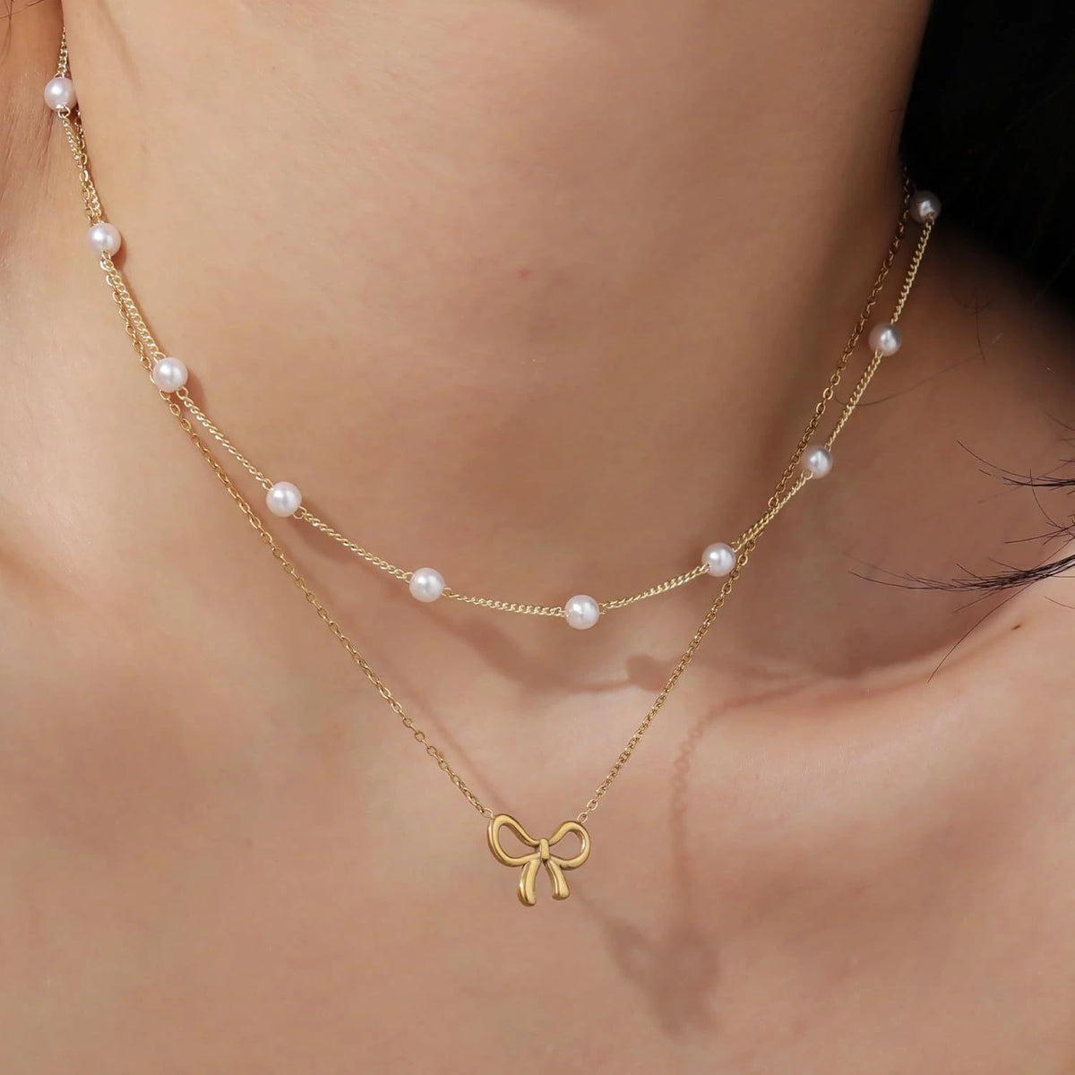 Pearl Double Layer Choker Gold Necklace supplier gallery image 3