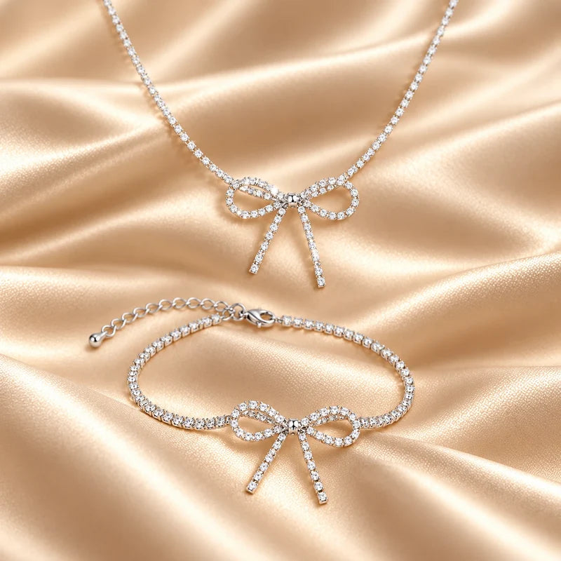 Generated concept artwork for Bow Fine Silver Necklace & Bracelet Set; illustrative only, not an exact product photograph