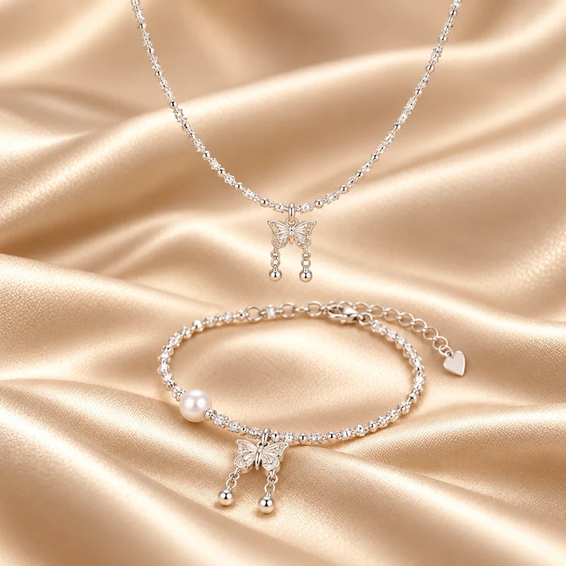 Generated concept artwork for Butterfly Pearl Fine Silver Necklace & Bracelet Set; illustrative only, not an exact product photograph