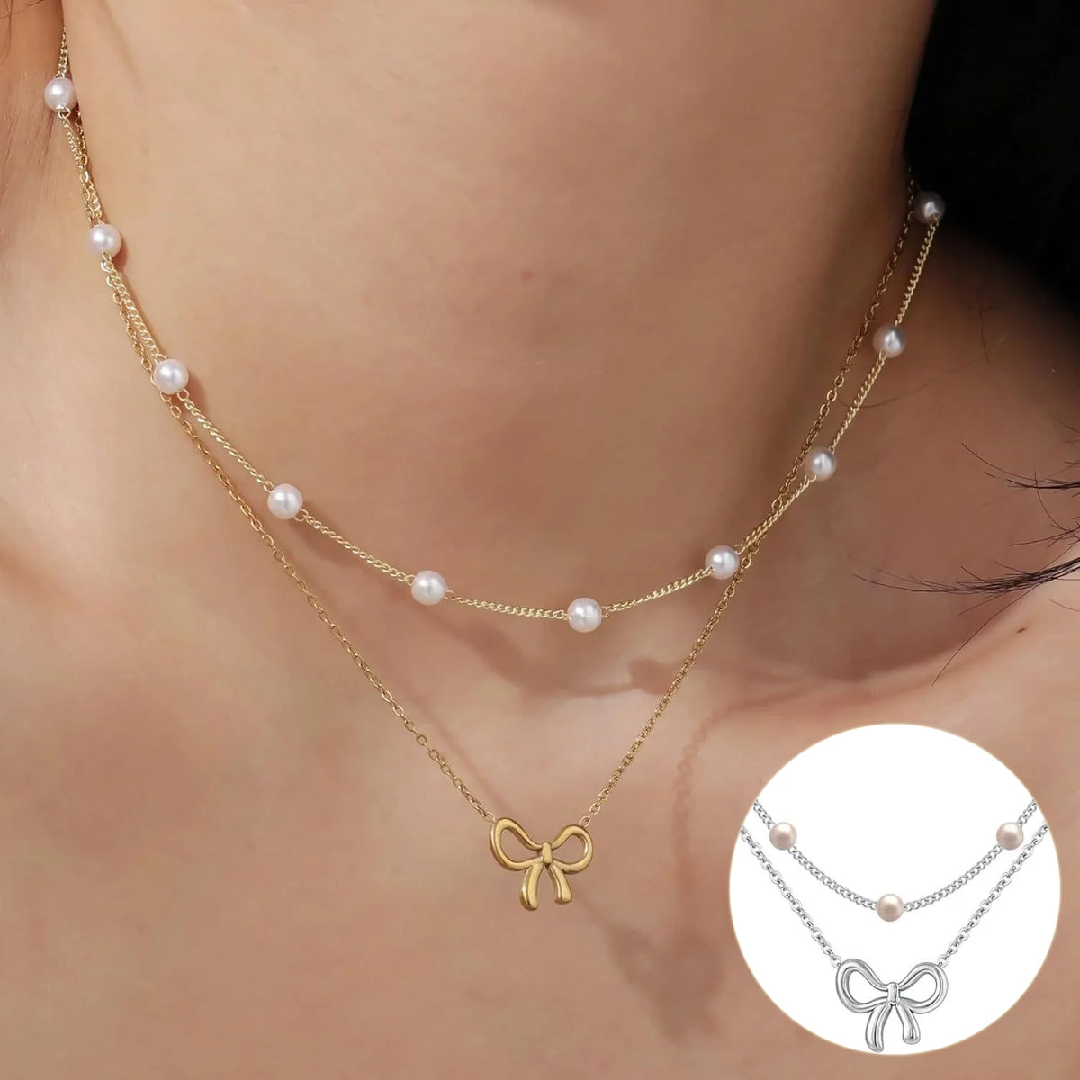 Pearl Double Layer Choker Gold Necklace supplier gallery image 2