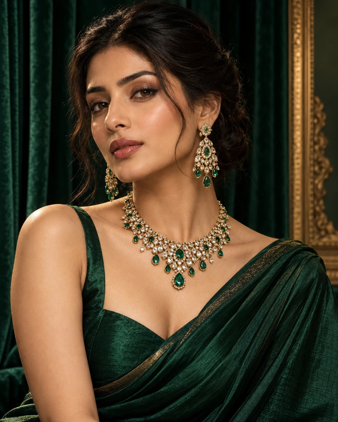 South Asian model in emerald silk with a crystal and green stone jewellery set