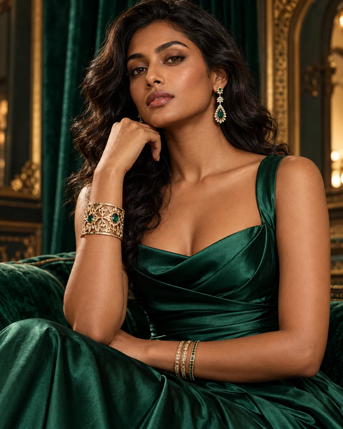 East Asian model in dark green velvet with delicate gold tone pendant jewellery
